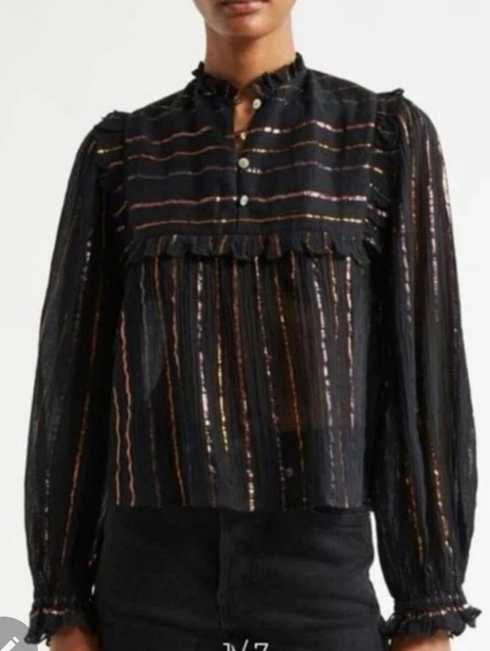 Farm Rio Black Metallic Stripe Ruffle Blouse XSSz XS
